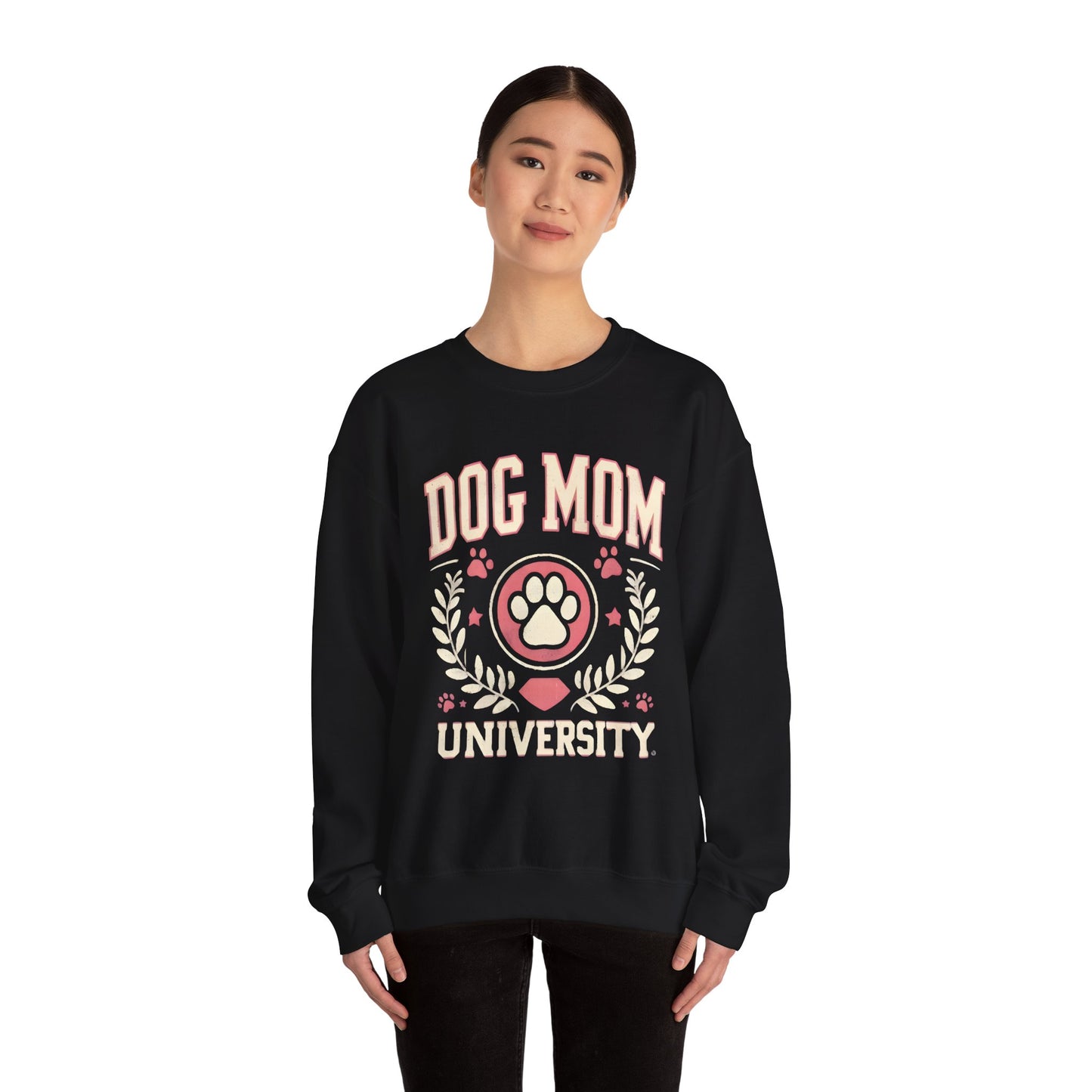 Dog Mom University Sweatshirt – Cute Paw Crest Crewneck for Dog Lovers