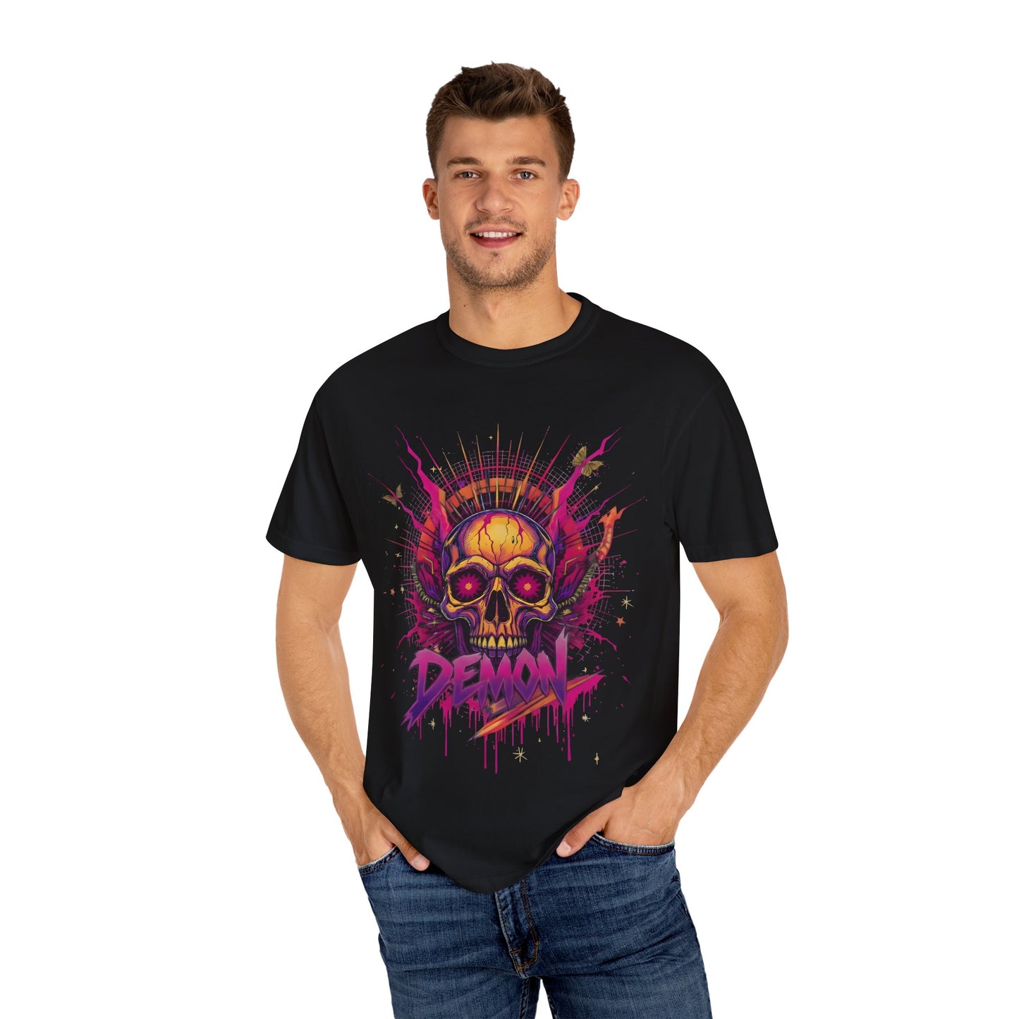 Demon Skull Graphic T-Shirt — Neon Retro Horror Tee