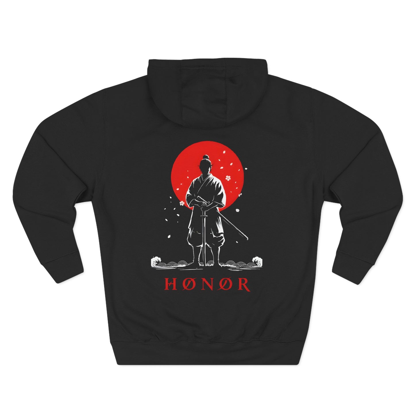 Samurai Hoodie — Honor Graphic Fleece Pullover with Red Sun Design